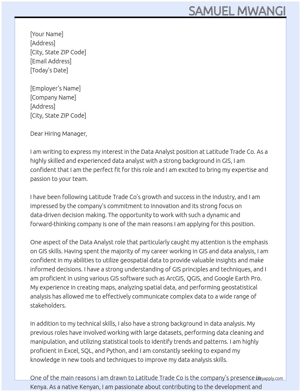 data analyst At  Latitude Trade Co Cover Letter