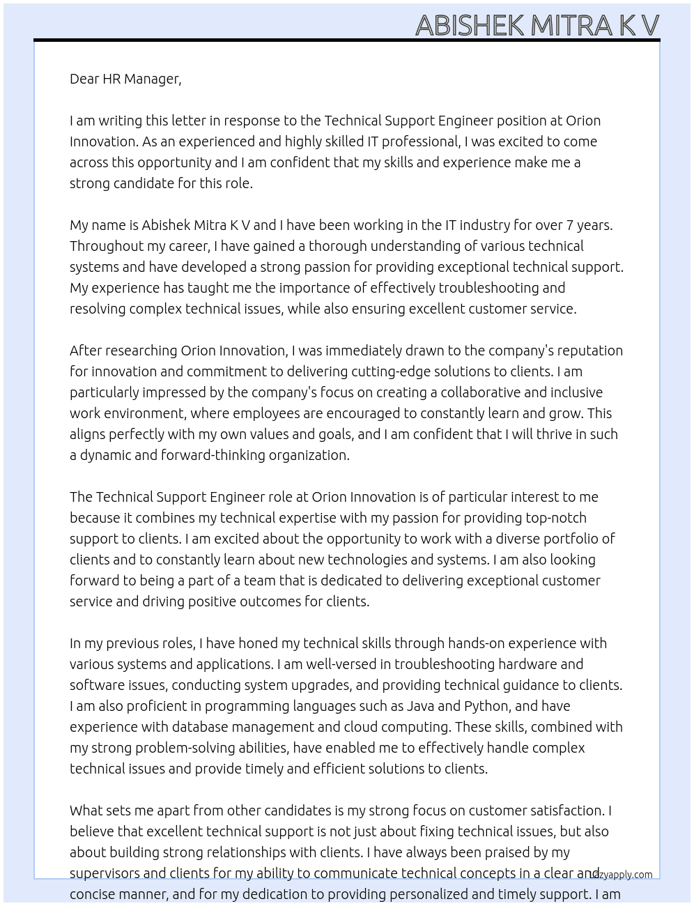 Technical Support Engineer At Orion Innovation Cover Letter