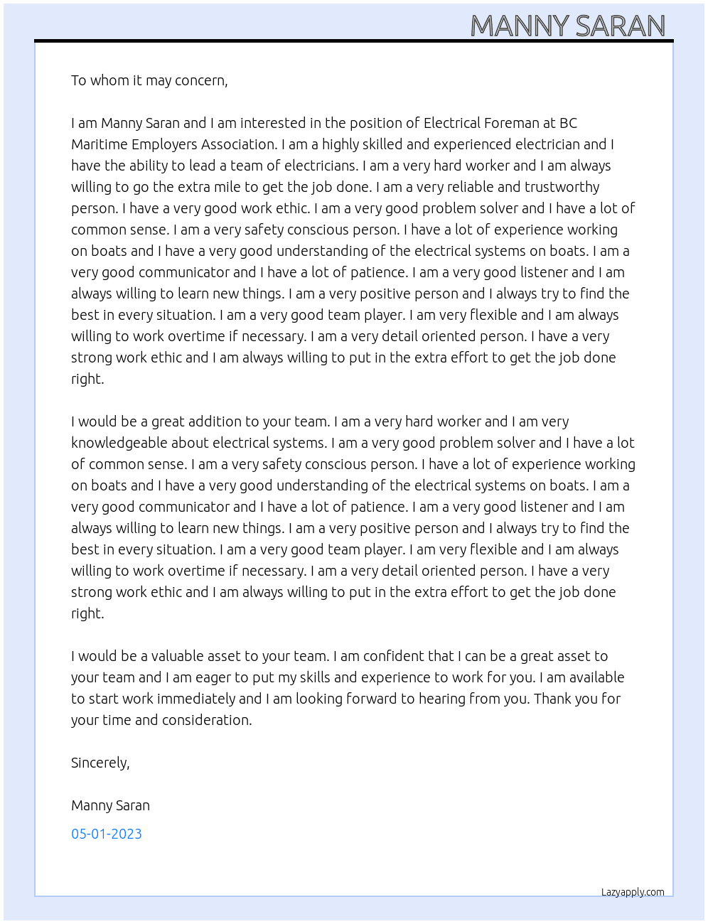 Electrical Foreman  At BC Maritime Employers Association  Cover Letter