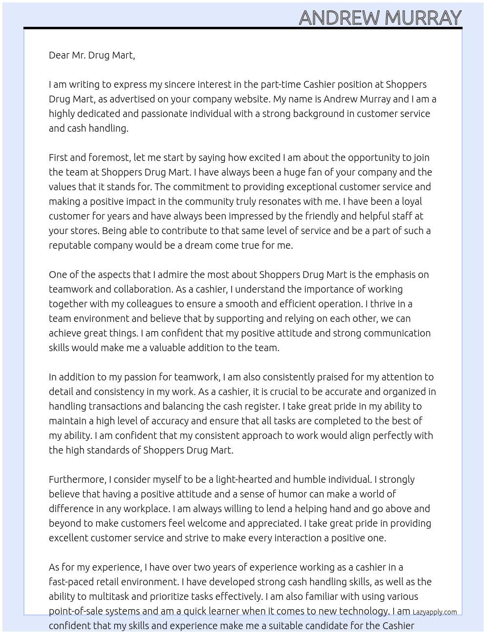 cashier At Shoppers Drug Mart  Cover Letter