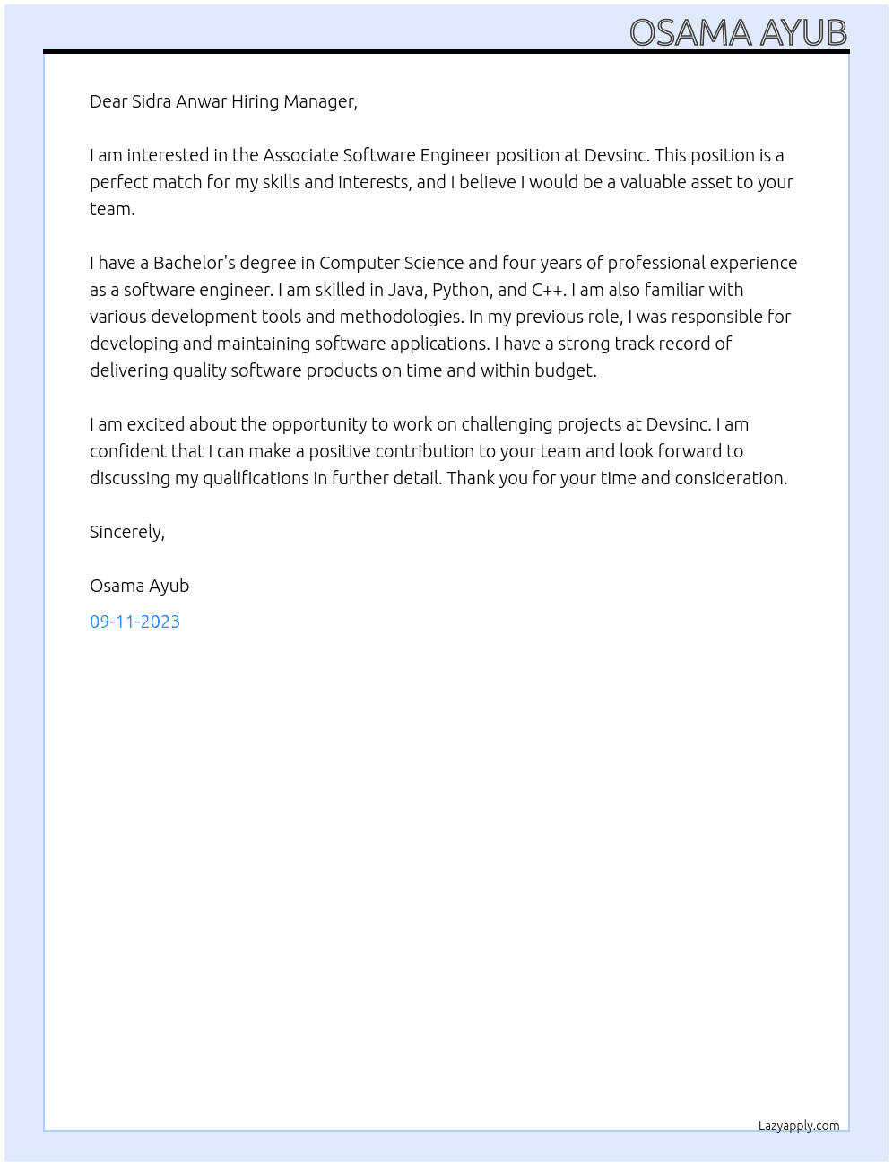 Asociate Software Engineer At Devsinc Cover Letter