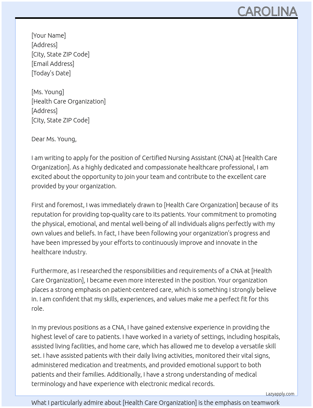 cna At health care organization Cover Letter