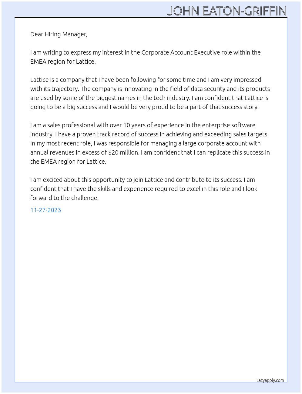 Corporate Account Executive, EMEA At Lattice Cover Letter