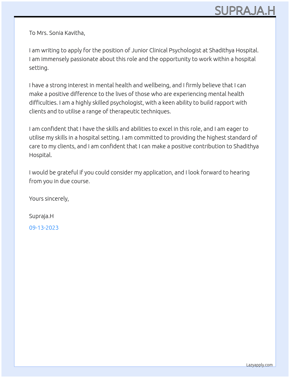 Junior Clinical Psychologist At Shadithya Hospital Cover Letter