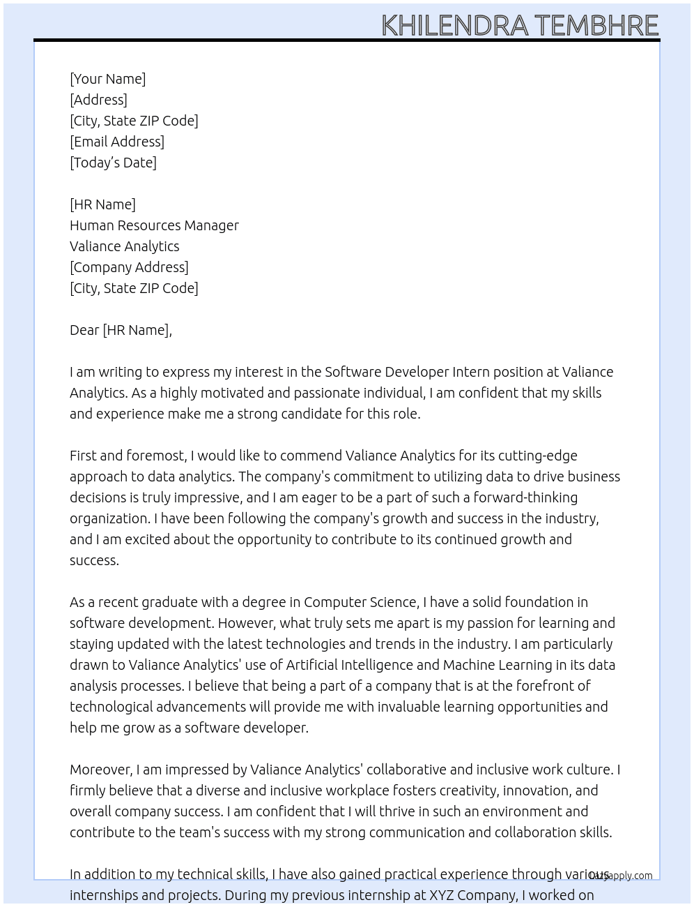 Software Developer Intern At Valiance Analytics Cover Letter
