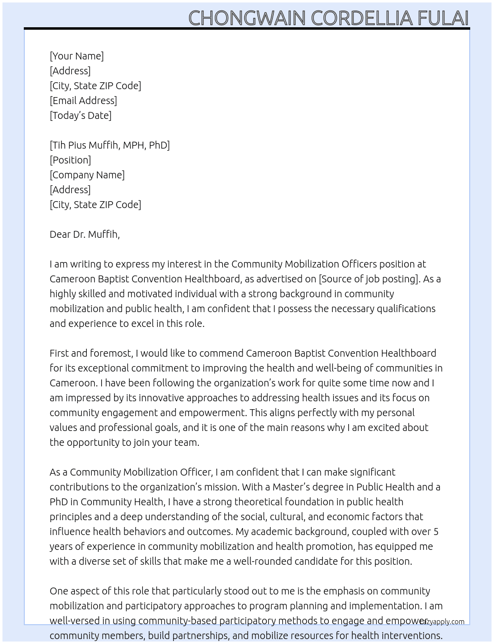 Community Mobilization Officers At Cameroon Baptist Convention Healthboard Cover Letter