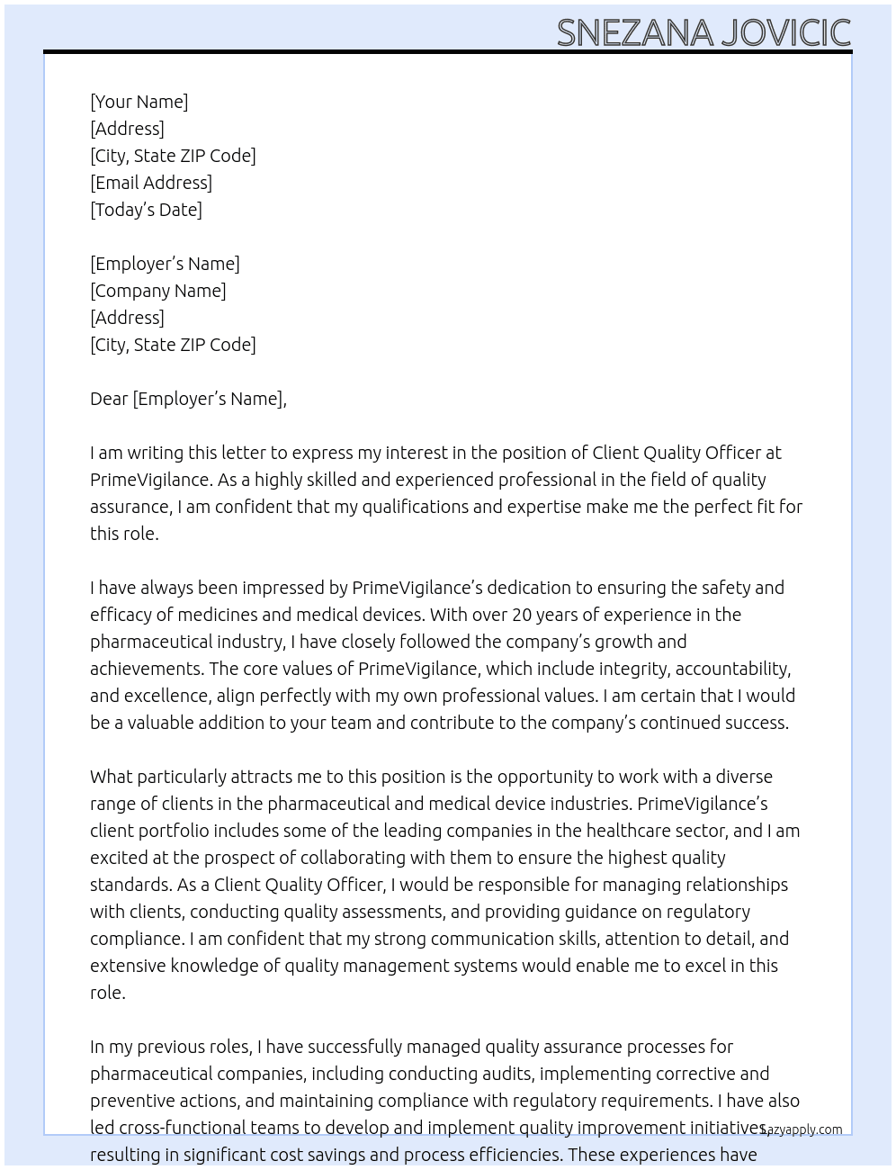 Client Quality Officer At PrimeVigilance Cover Letter