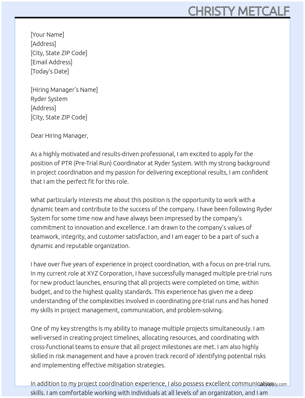 PTR (Pre-trial Run) Coordinator At Ryder System Cover Letter