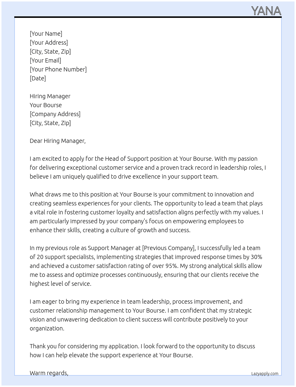 Cover letter for head of support - LazyApply