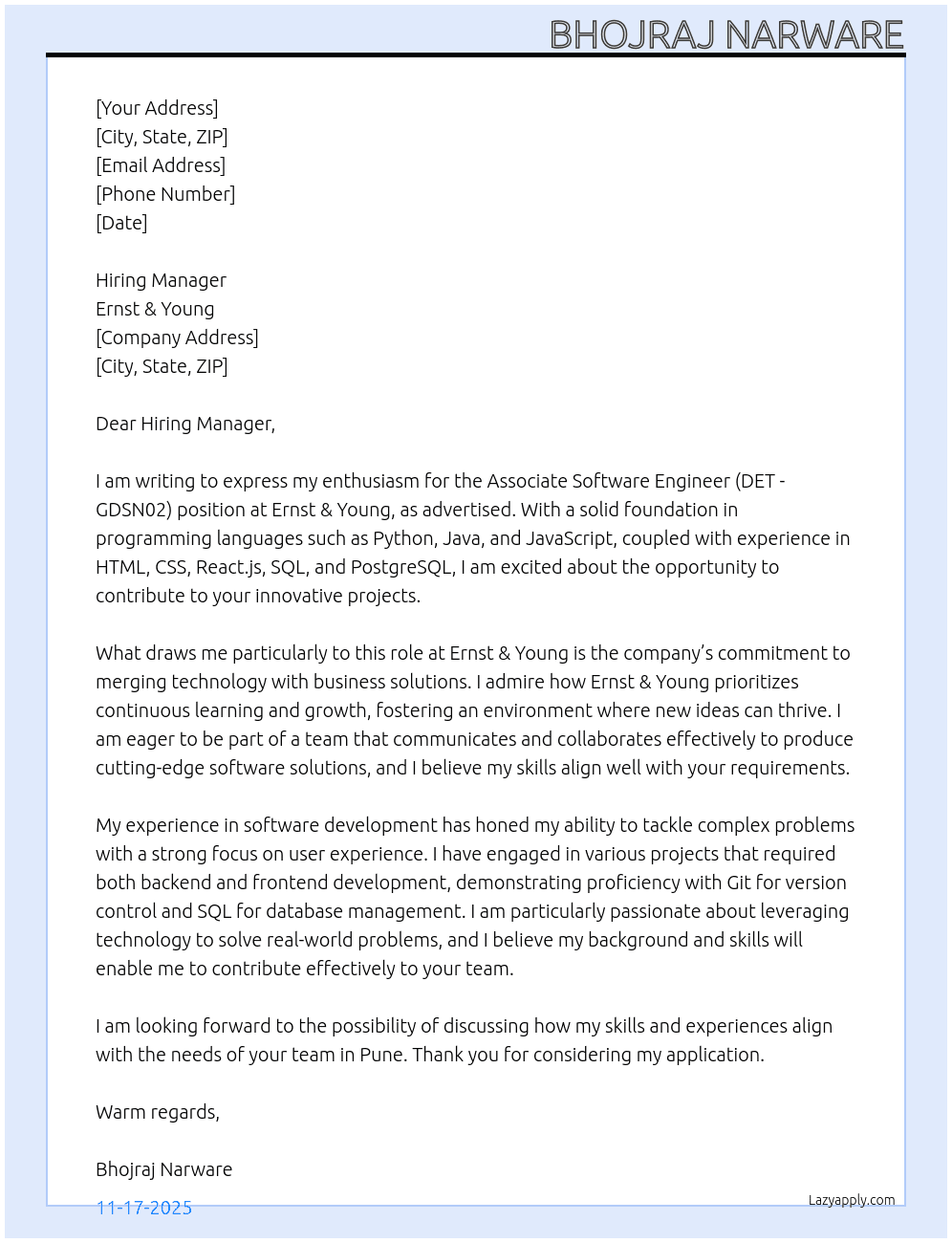 DET - Associate Software Engineer - GDSN02 At Ernst & Young Cover Letter