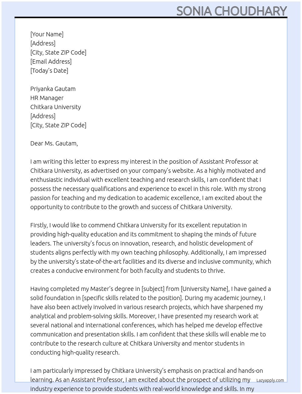 Assistant professor At Chitkara University Cover Letter