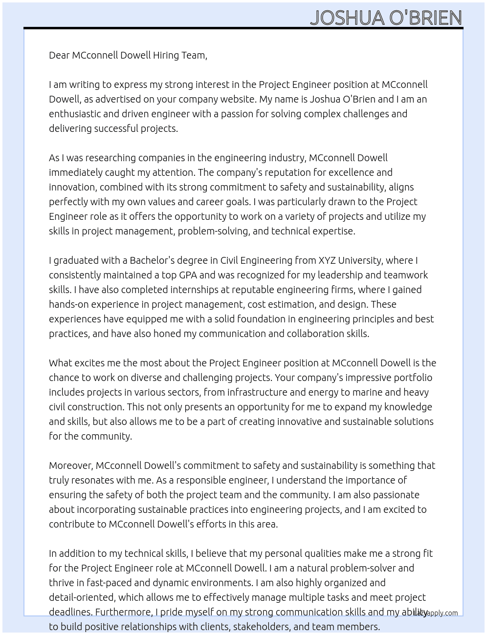 Project Engineer  At MCconnell Dowell Cover Letter