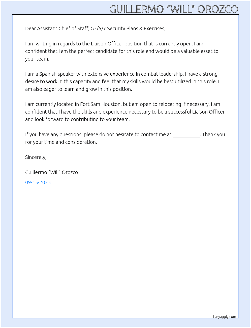 Liaison Officer At U.S. Army South Cover Letter
