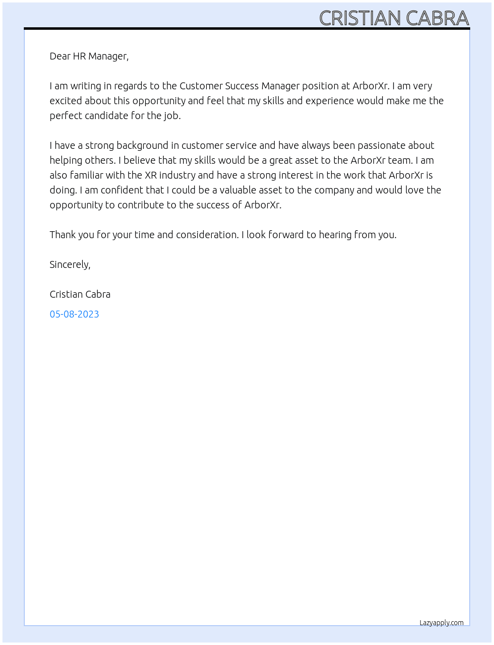 Customer Success Manager At ArborXr Cover Letter