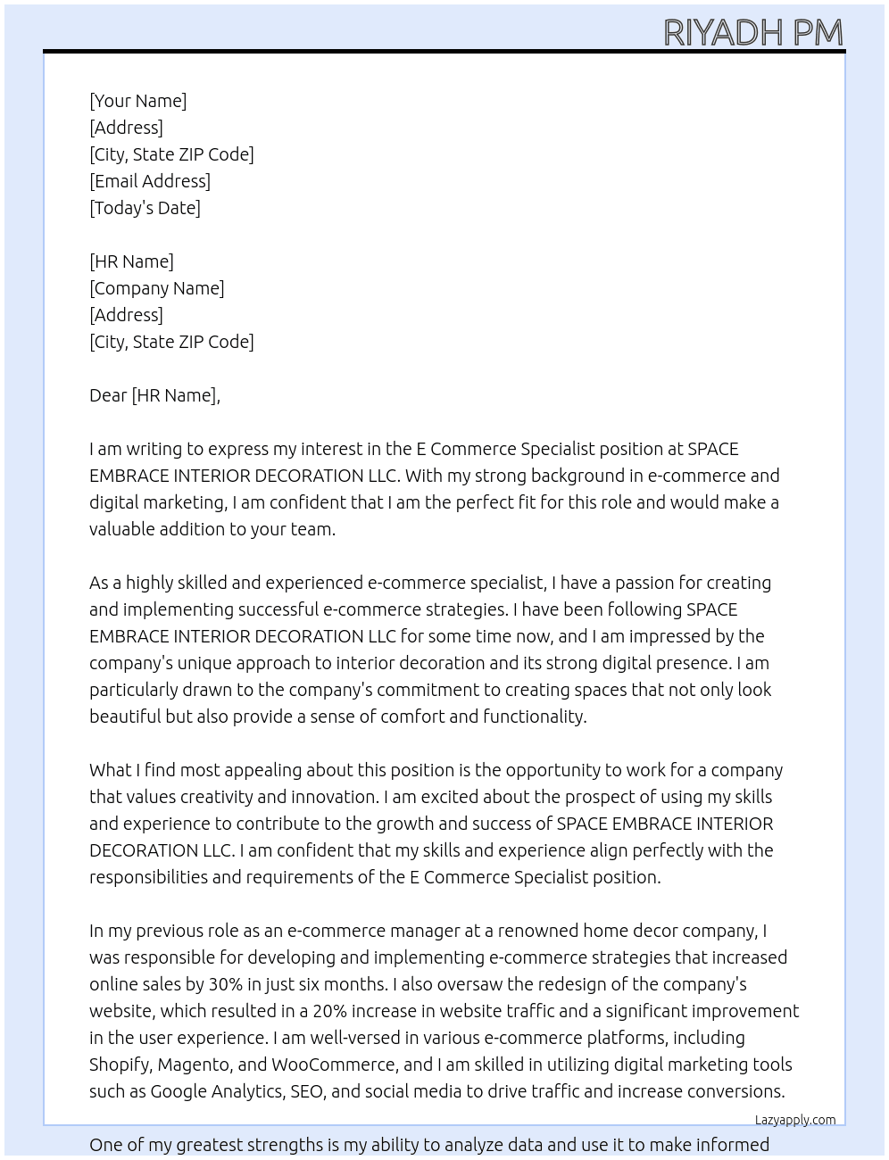 E Commerce Specialist At SPACE EMBRACE INTERIOR DECORATION LLC Cover Letter