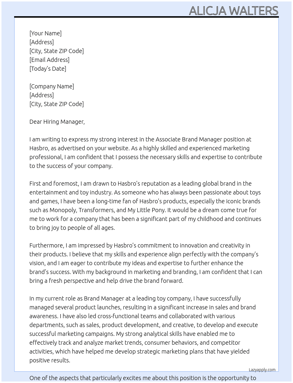  Associate Brand Manager  At Hasbro Cover Letter