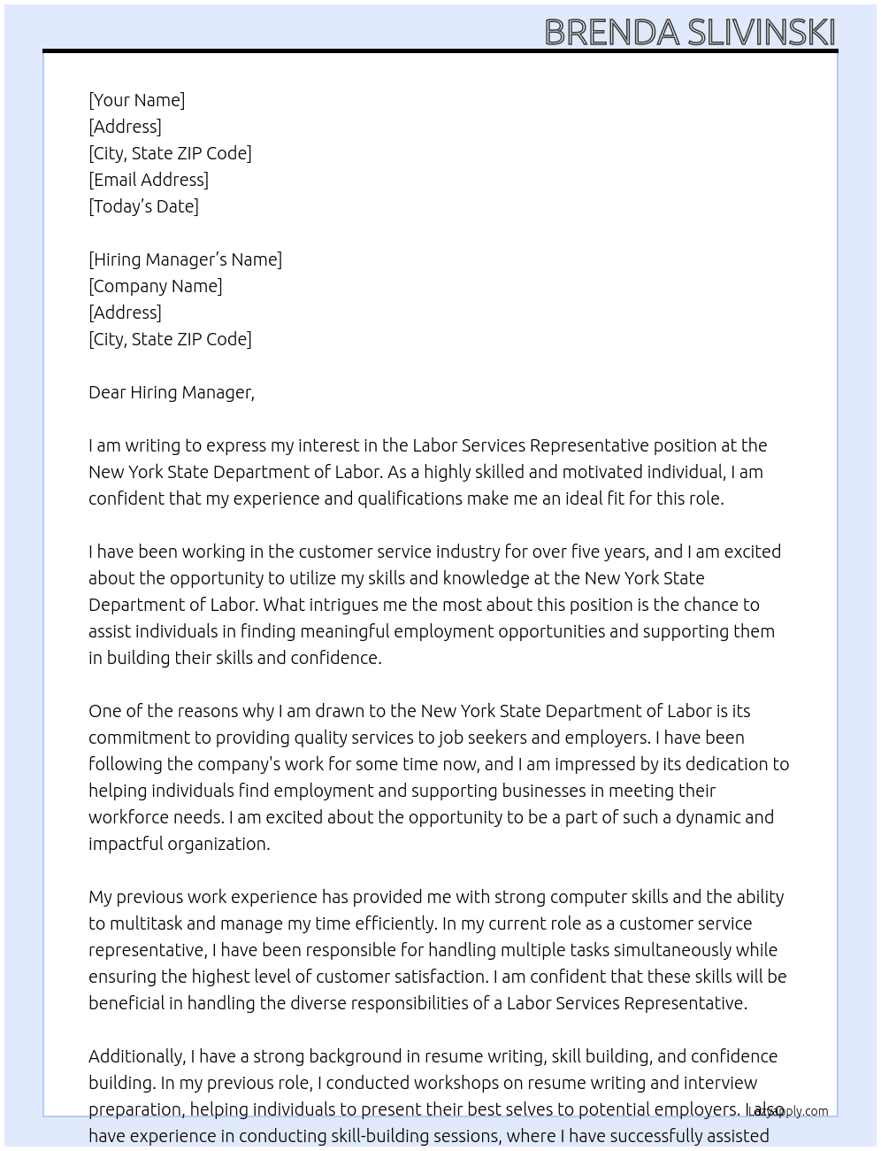 Labor Services Representative At New York State Deparment of Labor Cover Letter
