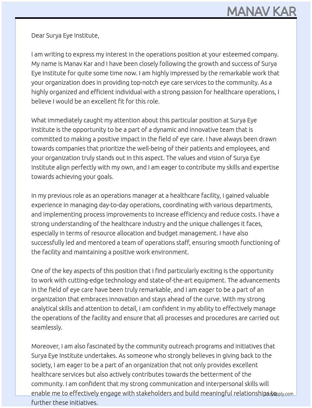 oparations At SURYA EYE INSTITUTE Cover Letter