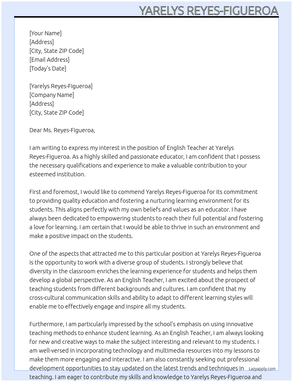 English Teacher At Yarelys Reyes-Figueroa Cover Letter
