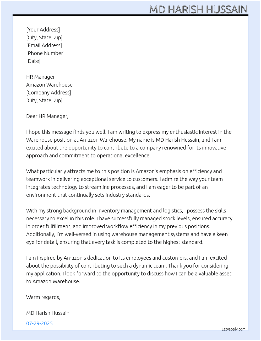 Warehouse At Amazon warehouse Cover Letter