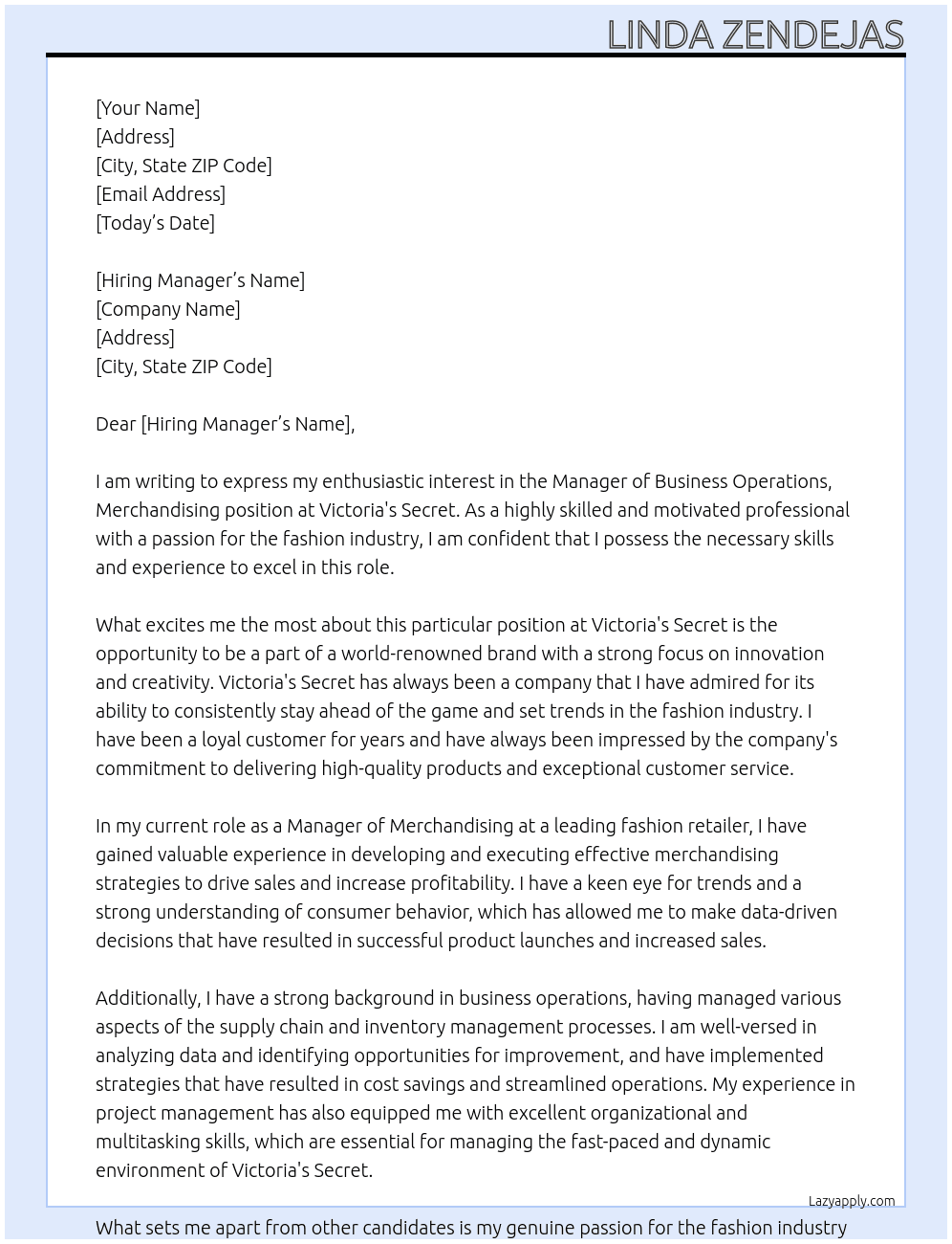 < MANAGER BUSINESS OPERATIONS, MERCHANDISING At Victoria's Secret Cover Letter