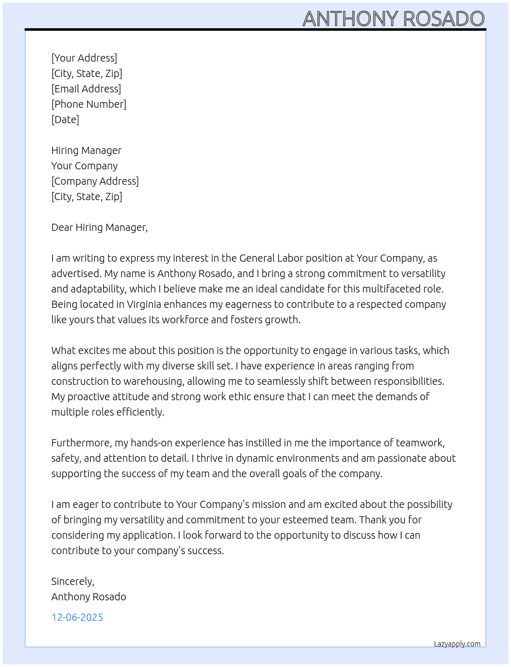 General Labor At your company Cover Letter