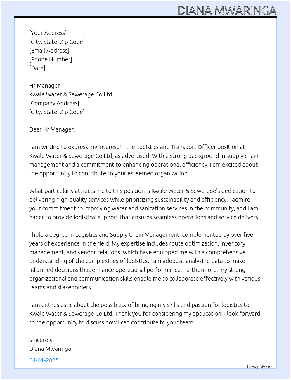 Logistics and Transport Officer  At Kwale Water & Sewerage Co Ltd Cover Letter