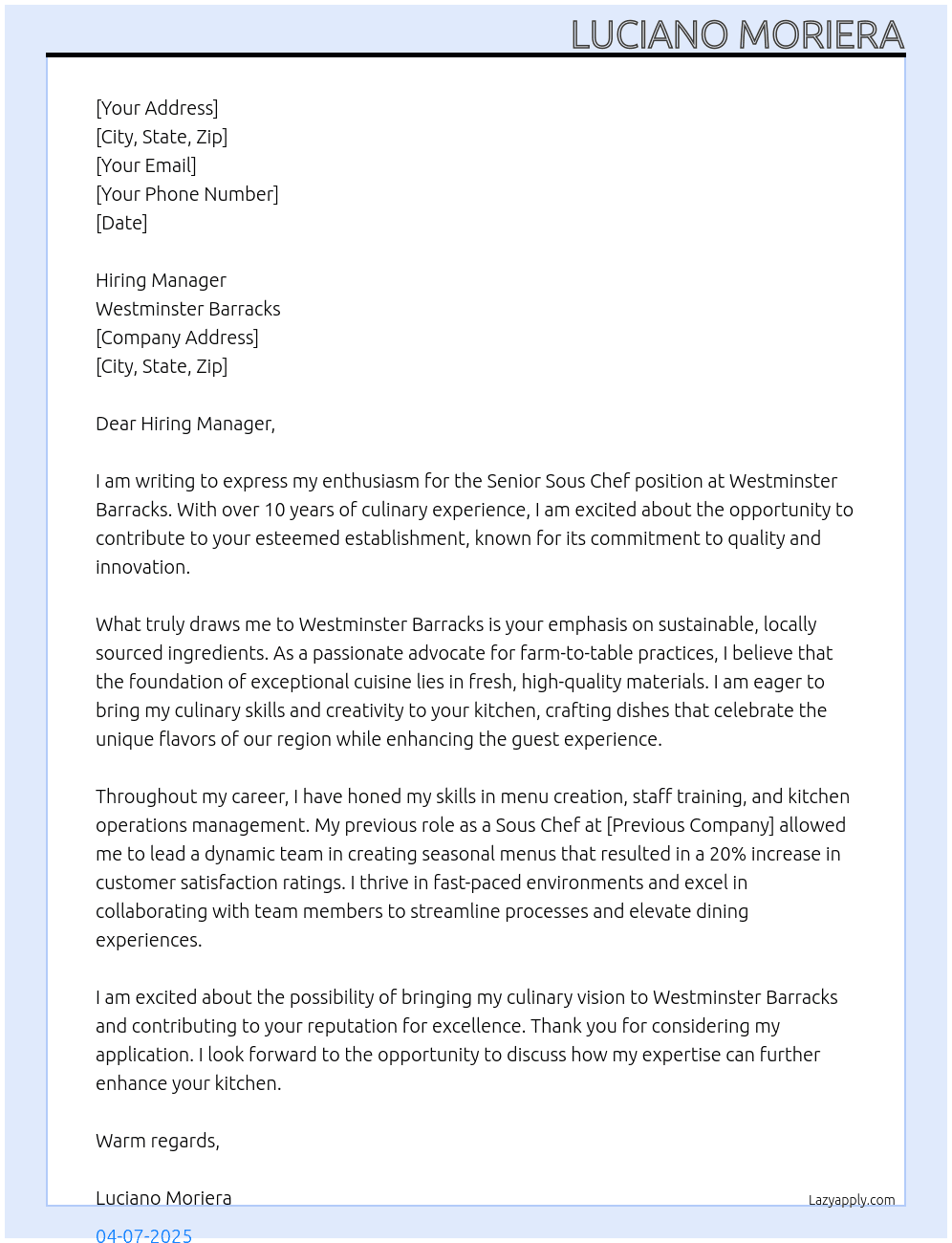 Senior Sous Chef At Westminister Barracks  Cover Letter
