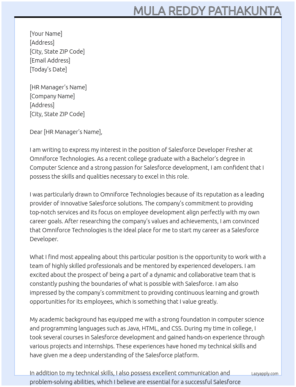 Salesforce Developer Fresher At Omniforce Technologies Cover Letter