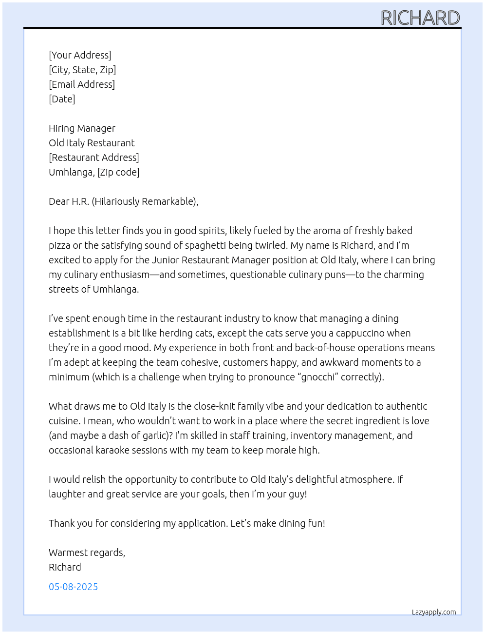Junior restaurant manager At old italy restaurant Cover Letter