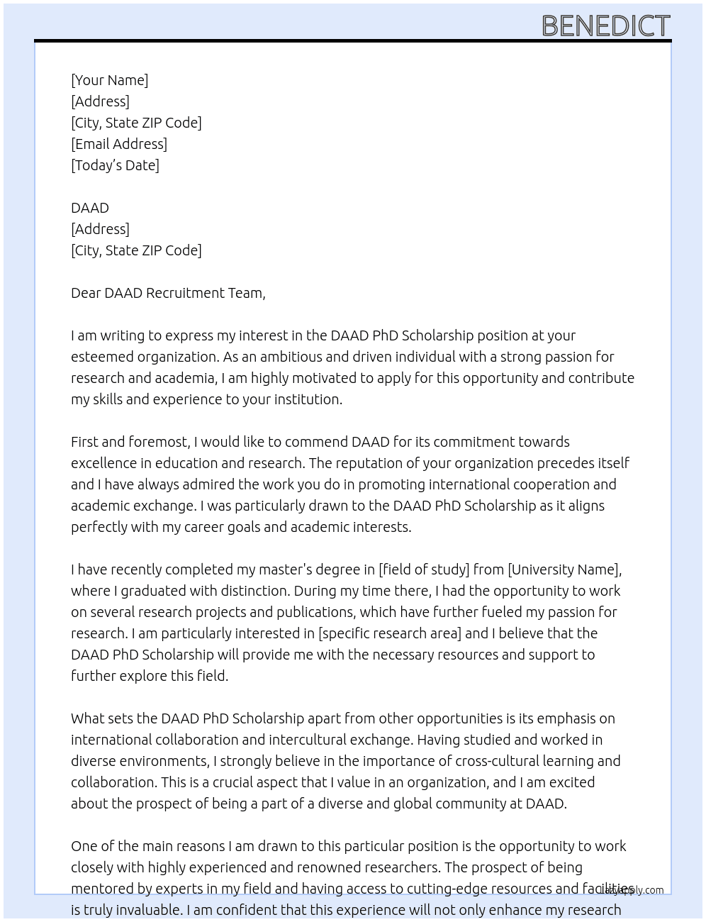 DAAD PhD Scholarship At DAAD Cover Letter