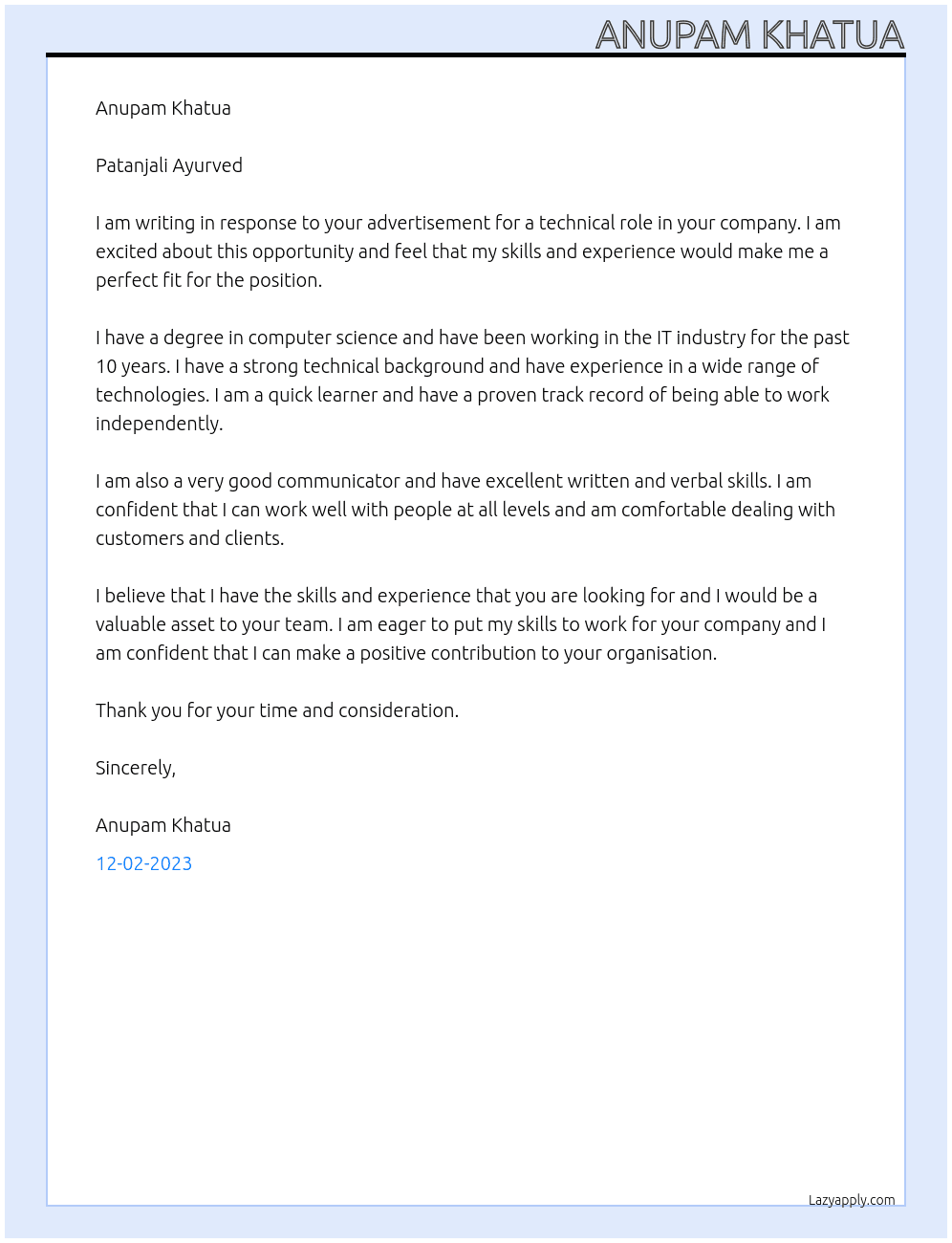 Technical Role At Patanjali Ayurved Cover Letter
