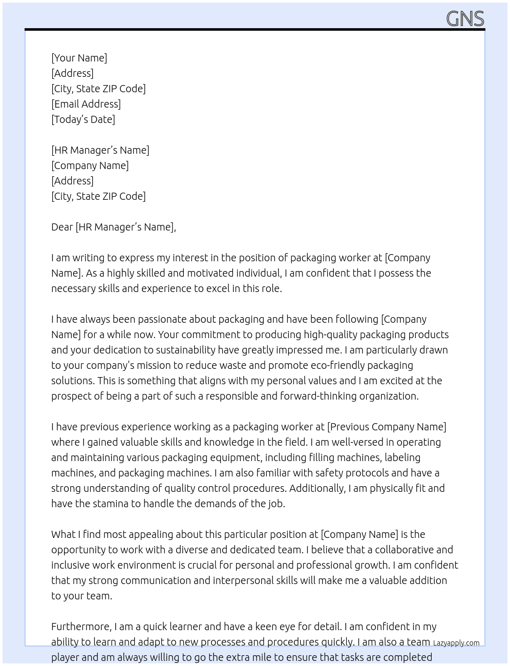 packaging worker At GNS Cover Letter