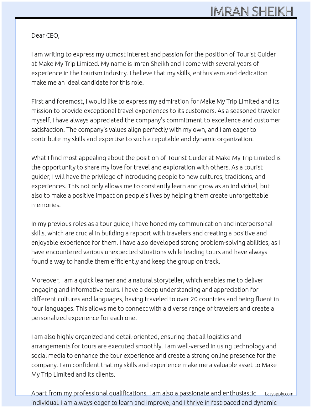 Tourist guider  At Make my trip Limited  Cover Letter