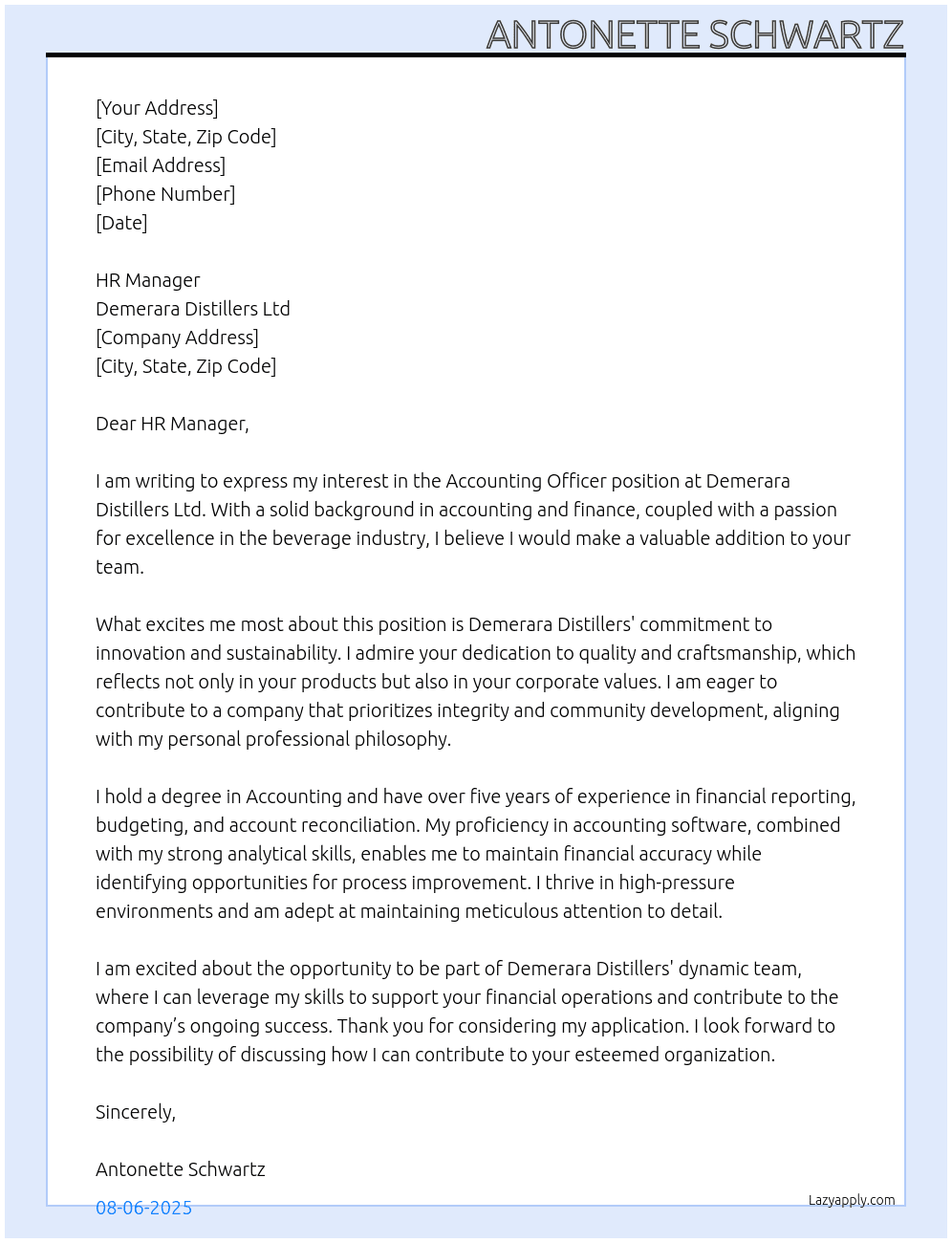 Accounting Officer At Demerara Distillers Ltd Cover Letter