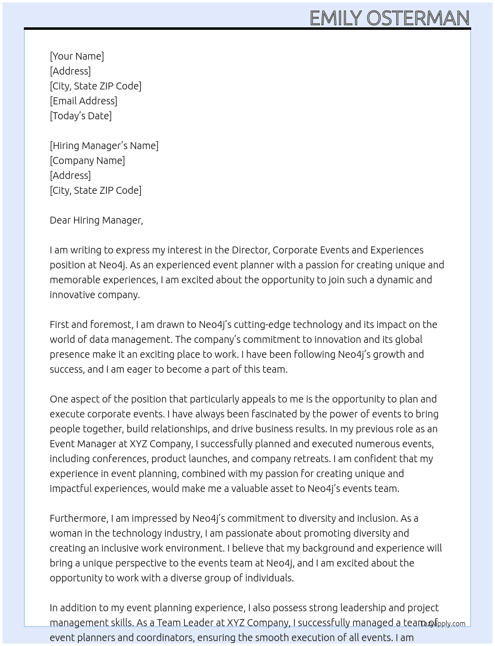 Director, Corporate Events and Experiences At Neo4j Cover Letter