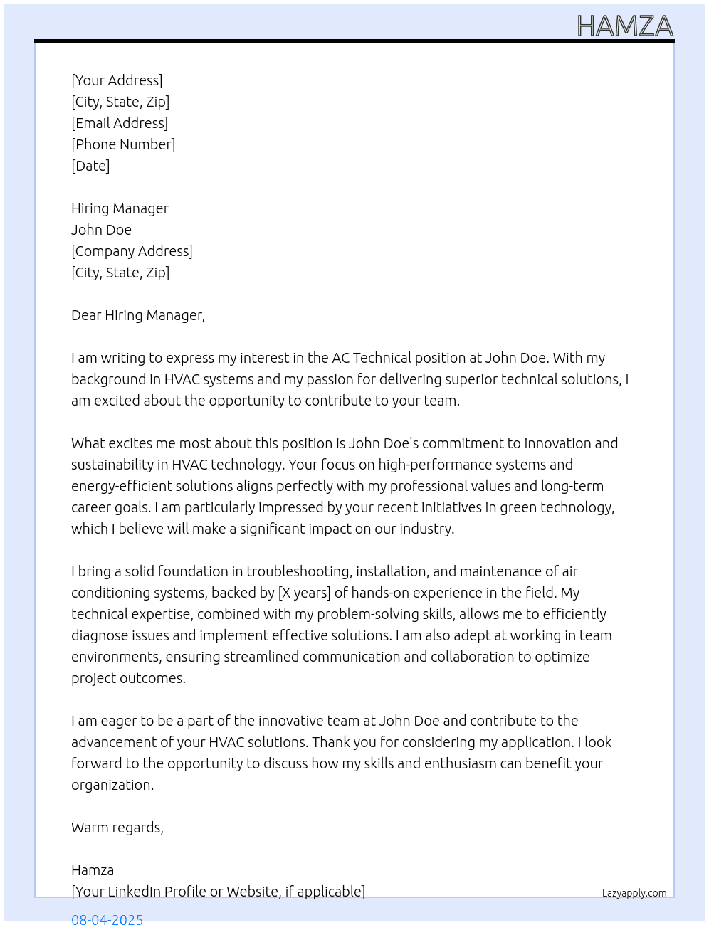 Ac technical  At John doe Cover Letter