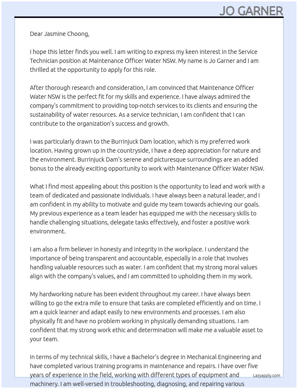 Service technician  At Maintenance officer water nsw Cover Letter