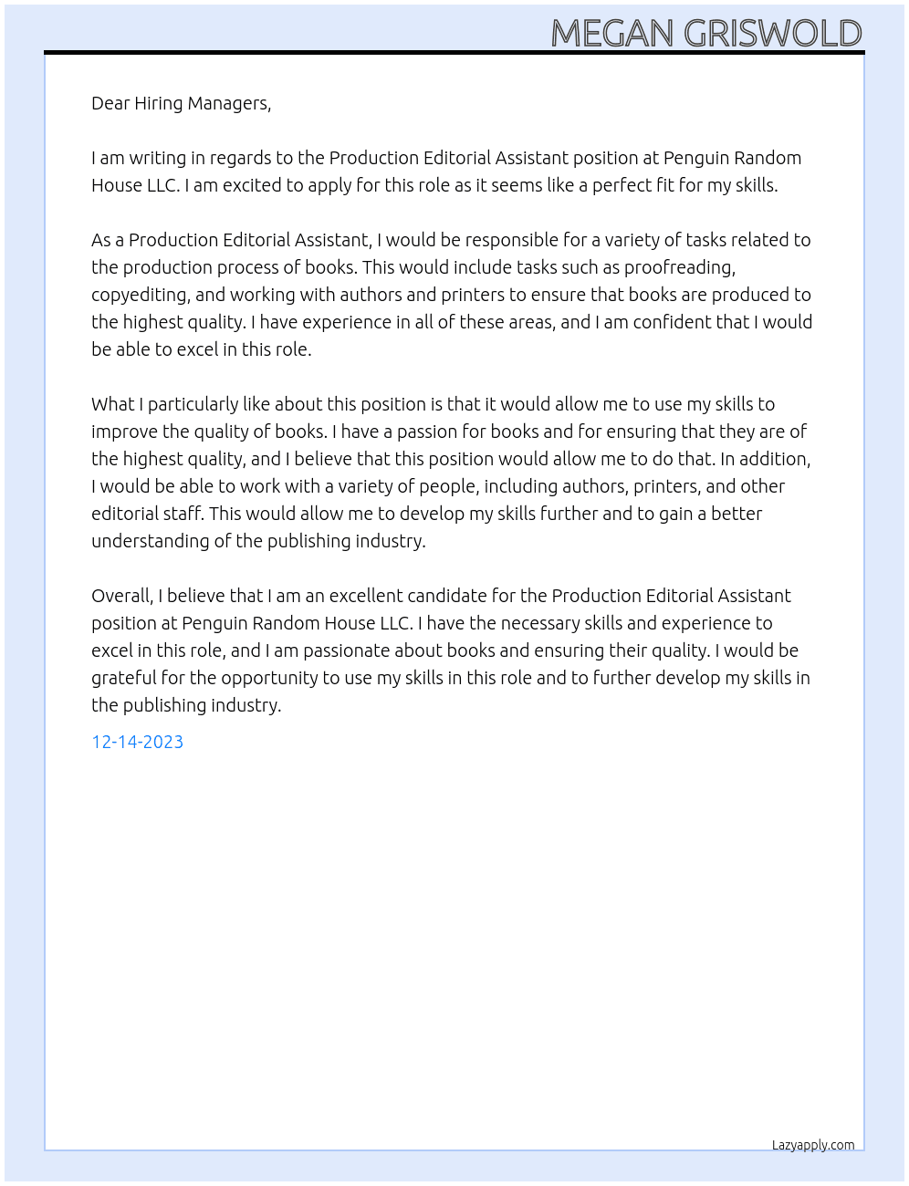 Production Editorial Assistant At Penguin Random House LLC Cover Letter