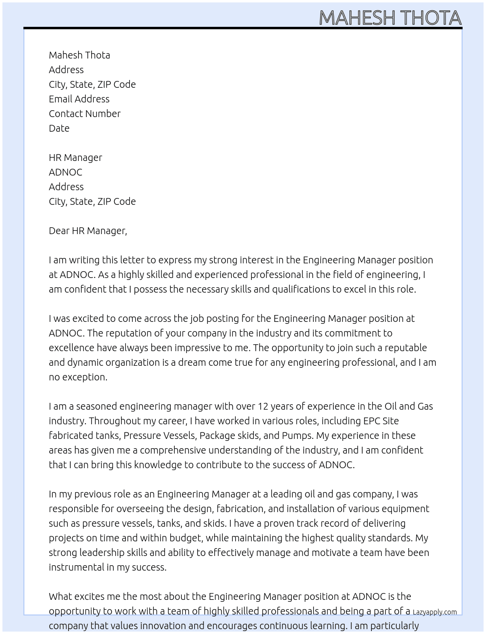 Engineering Manager At ADNOC Cover Letter