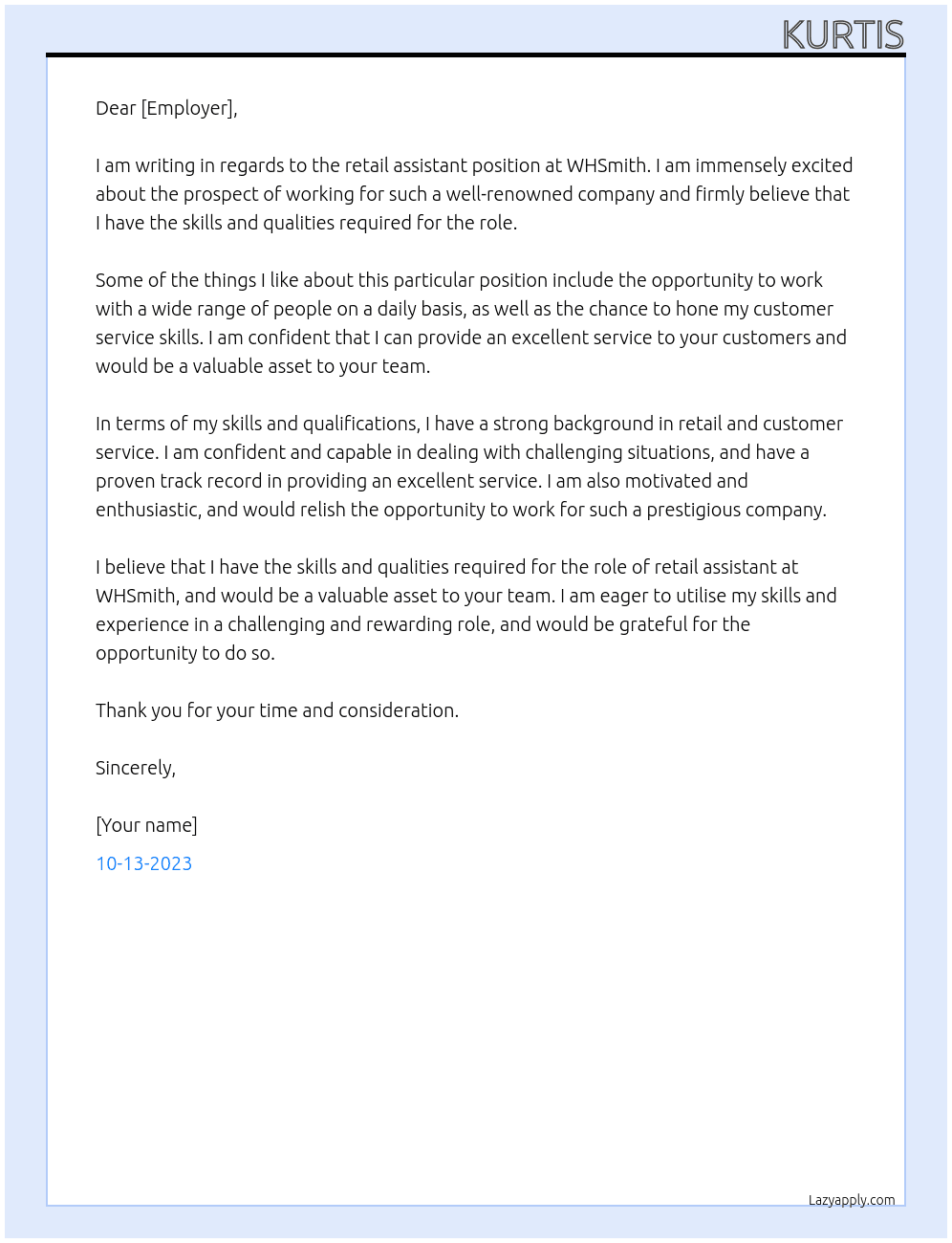 retail assistant At WHSmith Cover Letter
