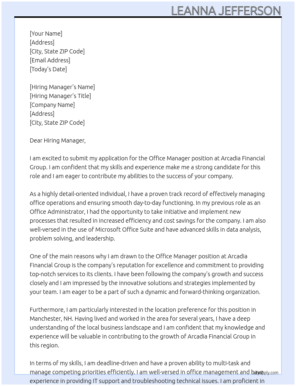 Office Manager At Arcadia Financial Group Cover Letter