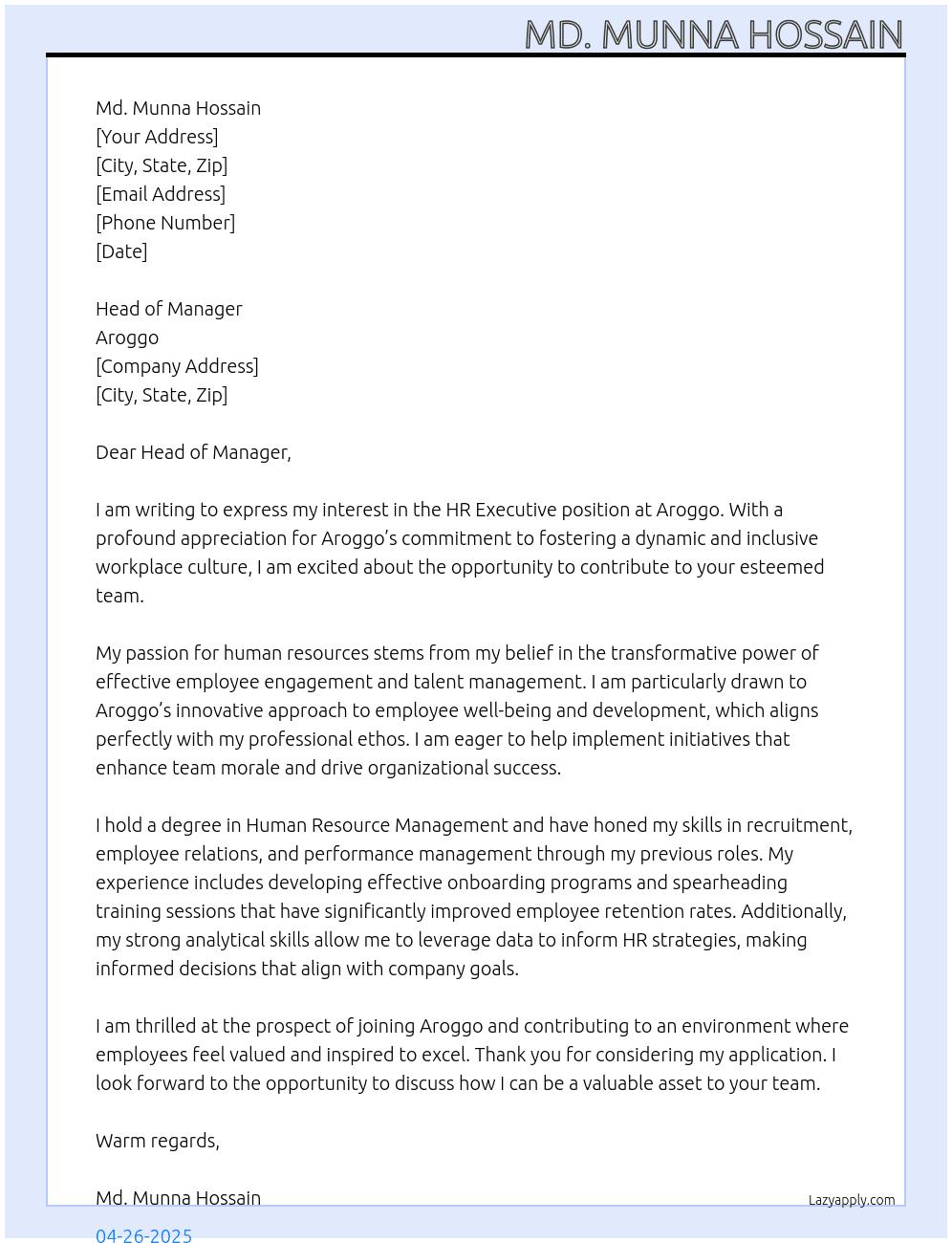 HR Executive At Aroggo Cover Letter