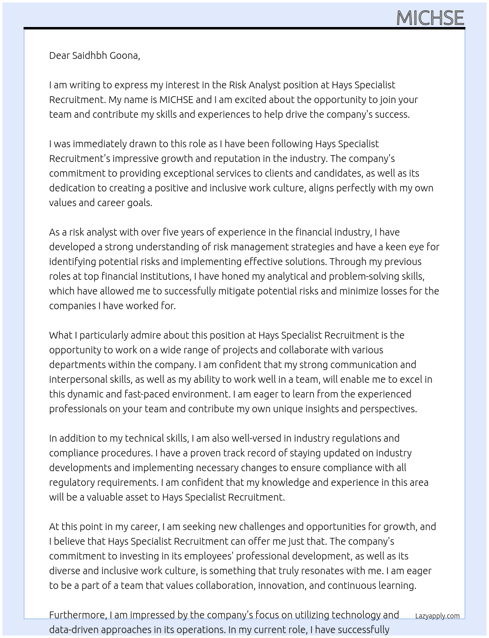 Risk Analyst At Hays Specialist Recruitment Cover Letter