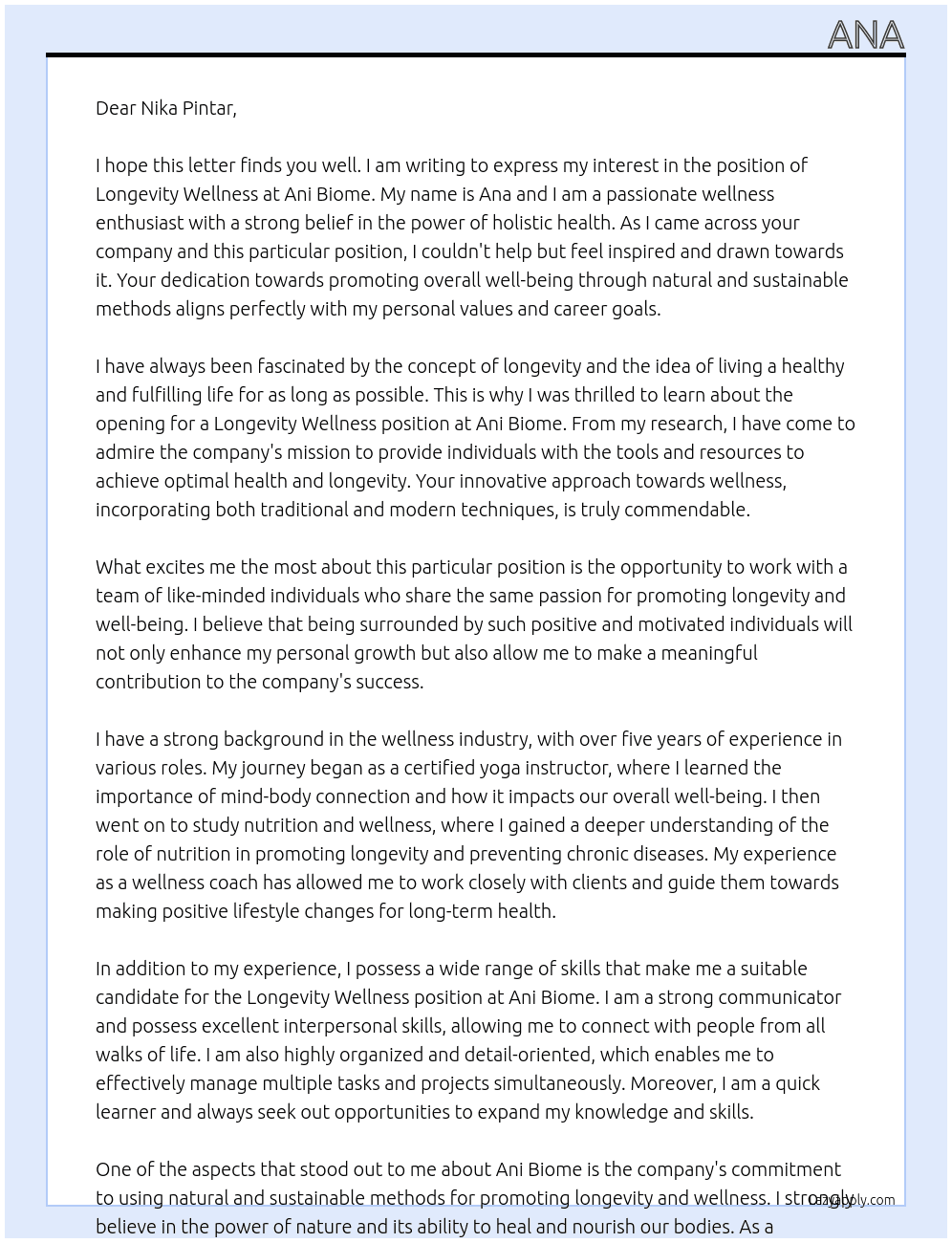 longevity wellness At ani biome Cover Letter