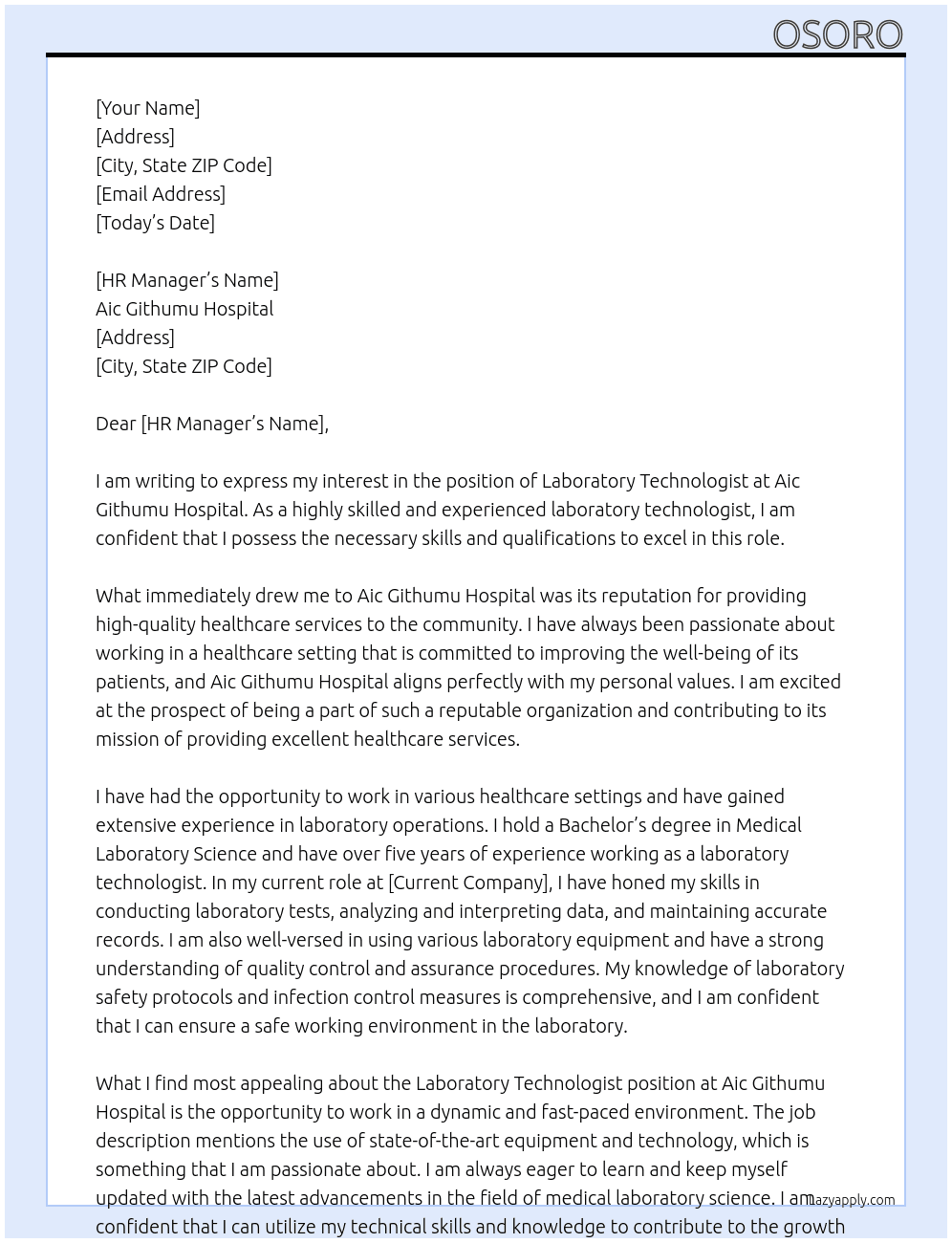 Laboratory technologist At Aic githumu hospital Cover Letter