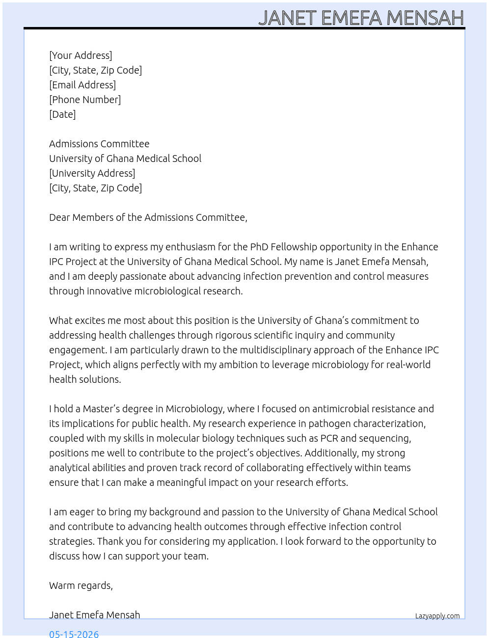 Phd fellowship, Enhance IPC project At university of Ghana medical school Cover Letter