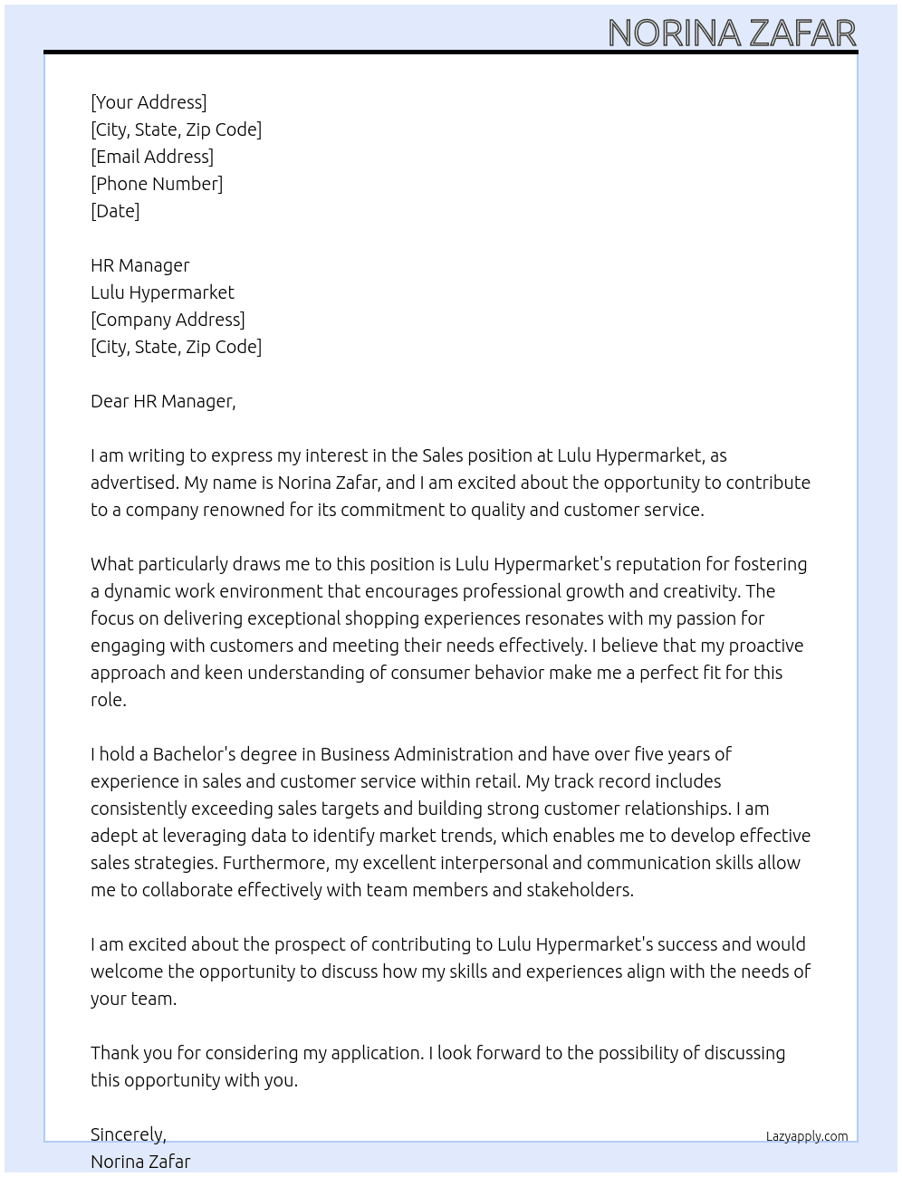 sales At lulu hypermarket Cover Letter