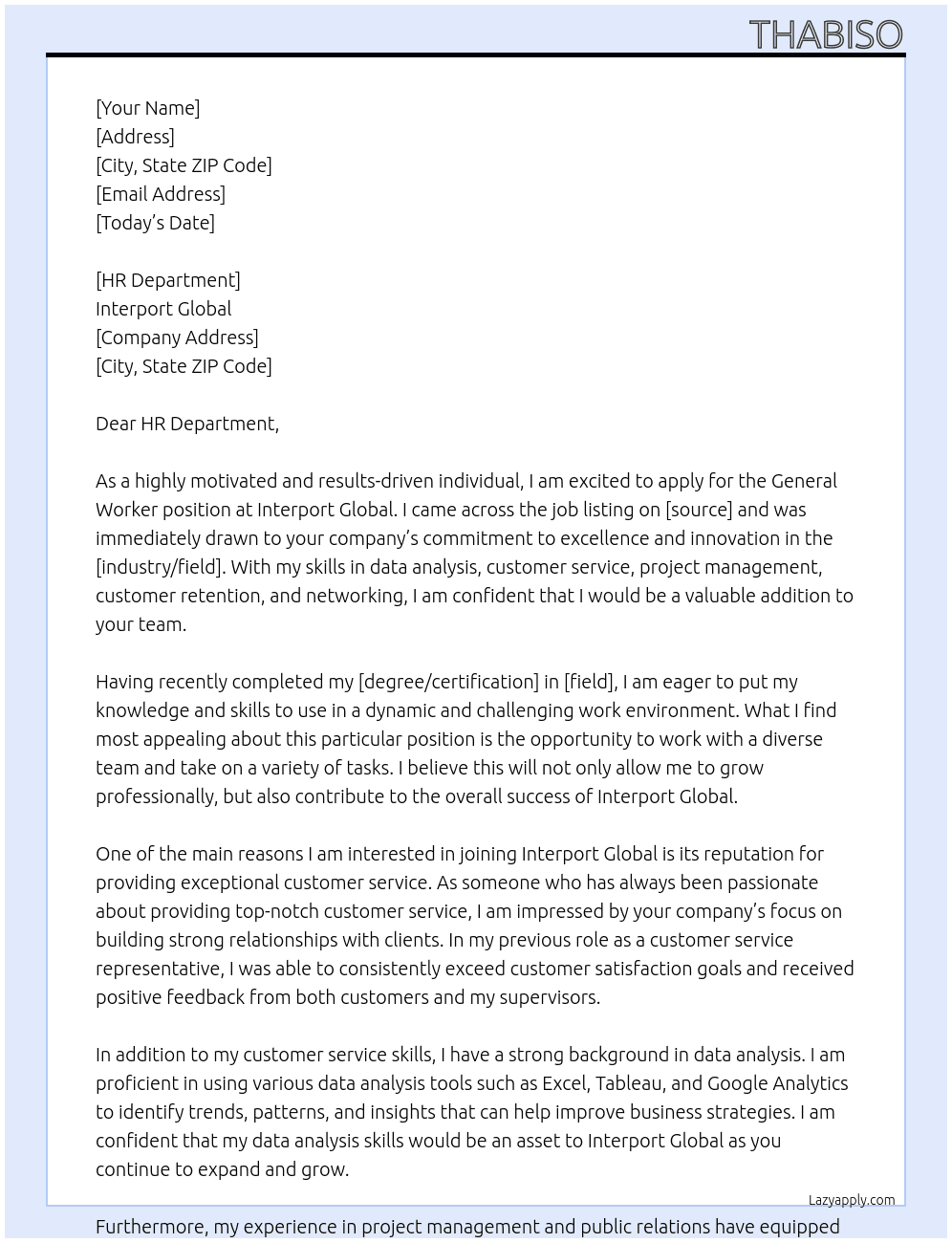 General Worker At Interport global Cover Letter
