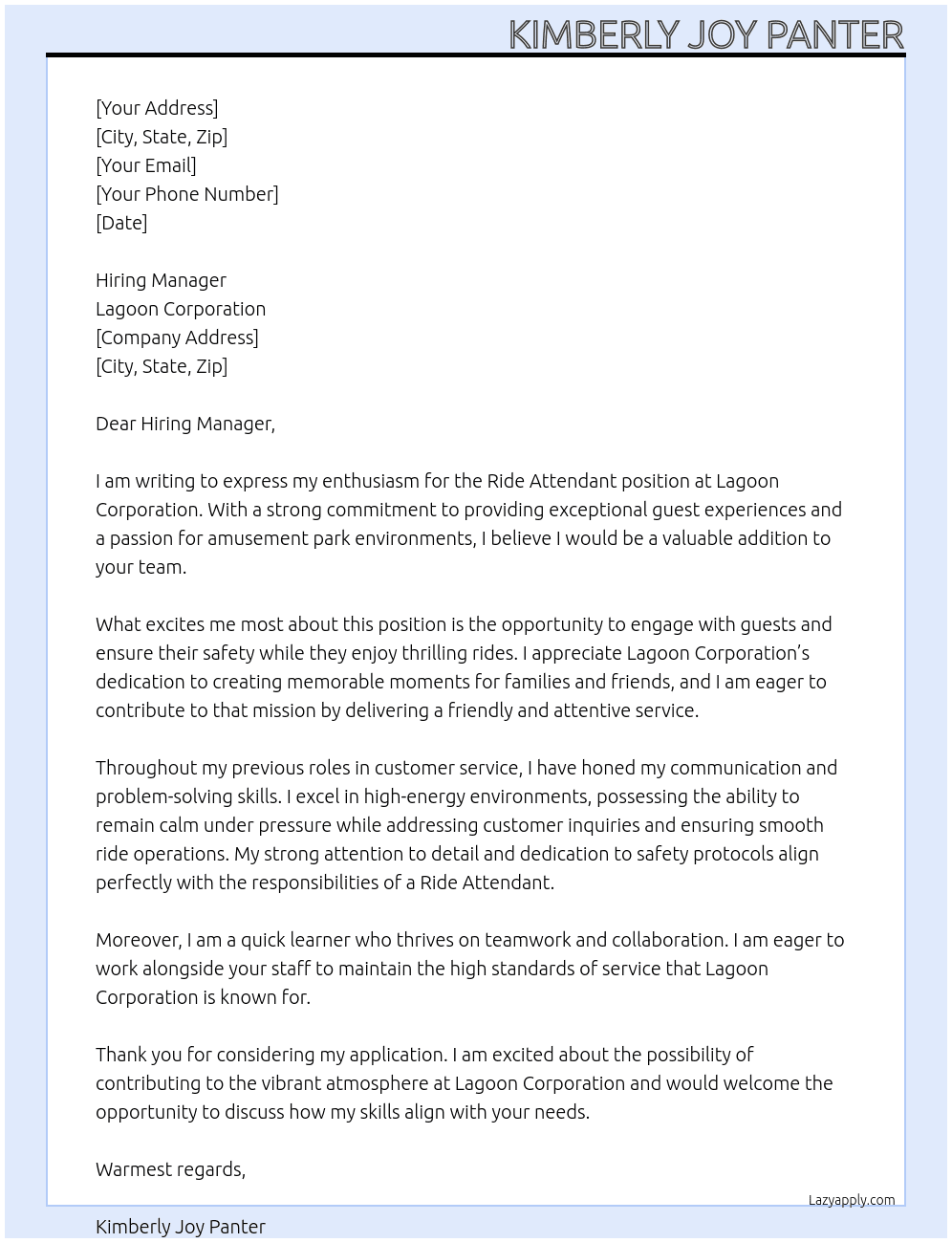 Cover letter for ride attendant - LazyApply